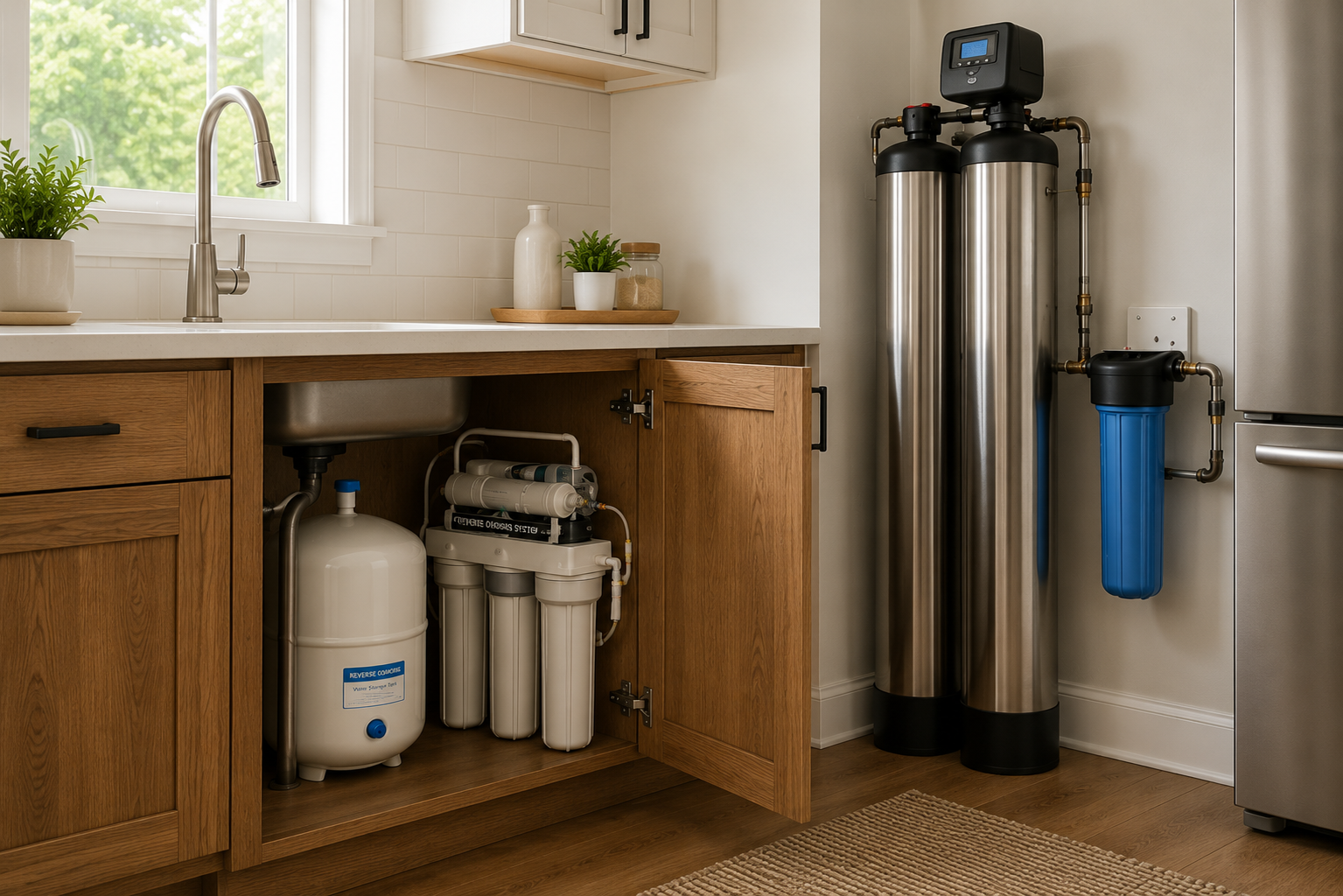 Modern Wisconsin kitchen illustrating point-of-use and whole-home water filtration